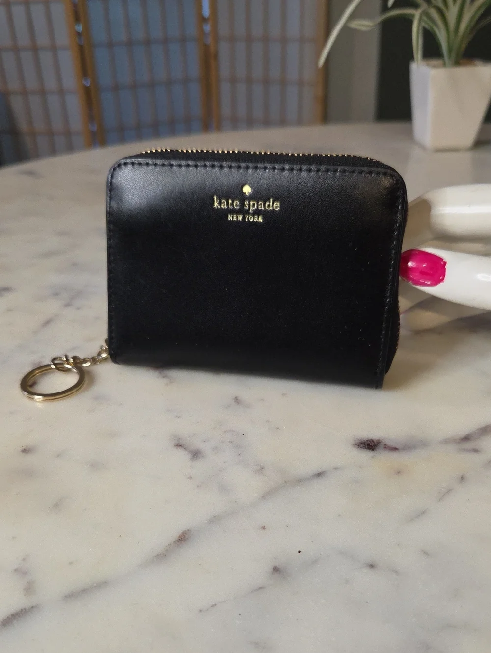 kate spade Black Leather Zip Key & Card Holder with Gold Hardware
